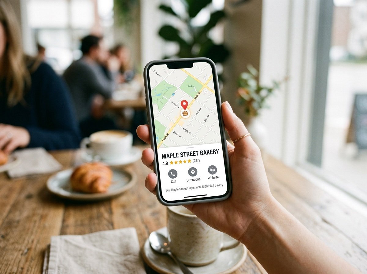 Phone showing a local business listing with a map, star rating, and contact buttons